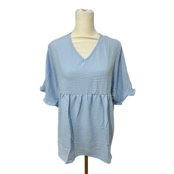 Textured Ruffle Gathered Boutique Top Short Sleeve V Neck Blouse in Coastal Blue - Picture 3 of 8